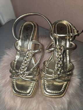 Metallic Gold Strappy Braided Block Heel Sandals